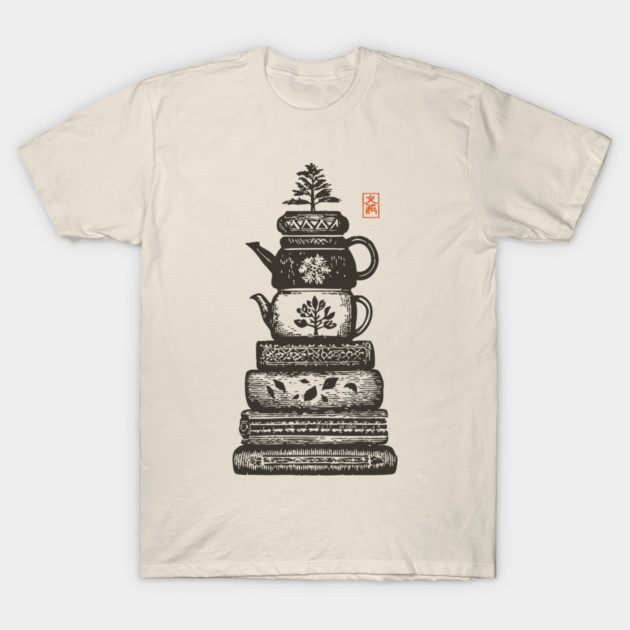 Whimsical Stacked Teapots and Books Zen Illustration T-Shirt by TuncGK