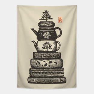 Whimsical Stacked Teapots and Books Zen Illustration Tapestry