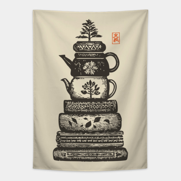 Whimsical Stacked Teapots and Books Zen Illustration Tapestry by TuncGK