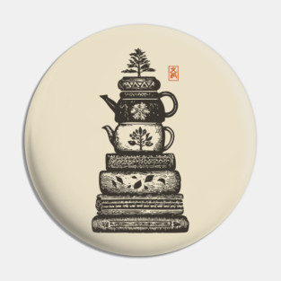 Whimsical Stacked Teapots and Books Zen Illustration Pin