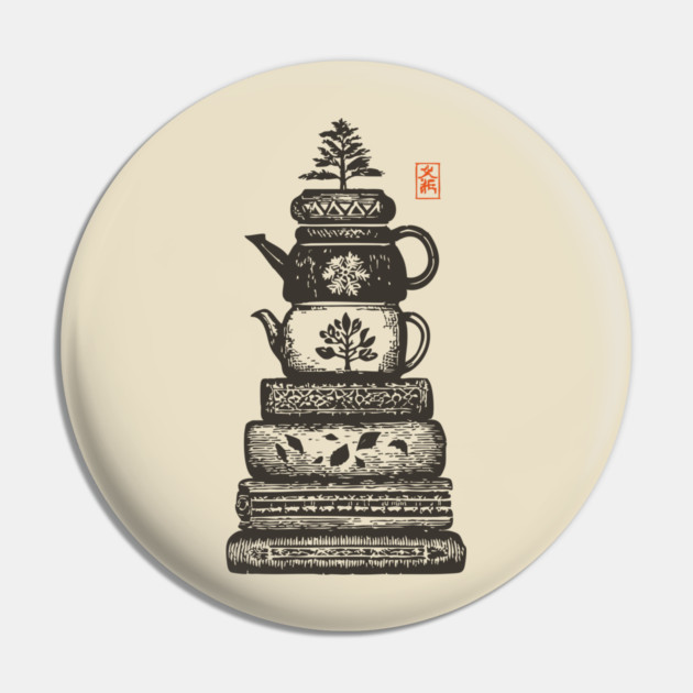 Whimsical Stacked Teapots and Books Zen Illustration Pin by TuncGK