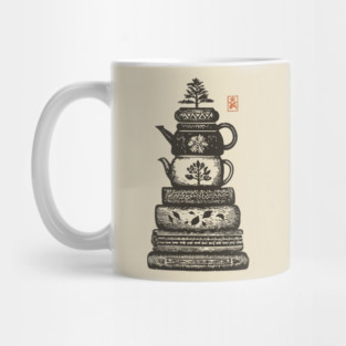 Whimsical Stacked Teapots and Books Zen Illustration Mug