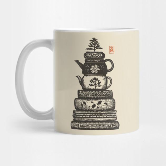 Whimsical Stacked Teapots and Books Zen Illustration by TuncGK
