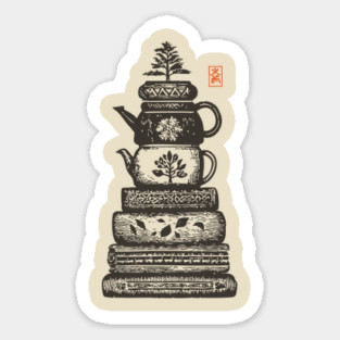 Whimsical Stacked Teapots and Books Zen Illustration Magnet