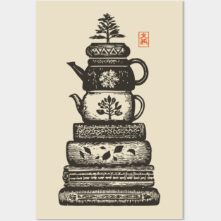 Whimsical Stacked Teapots and Books Zen Illustration Posters and Art
