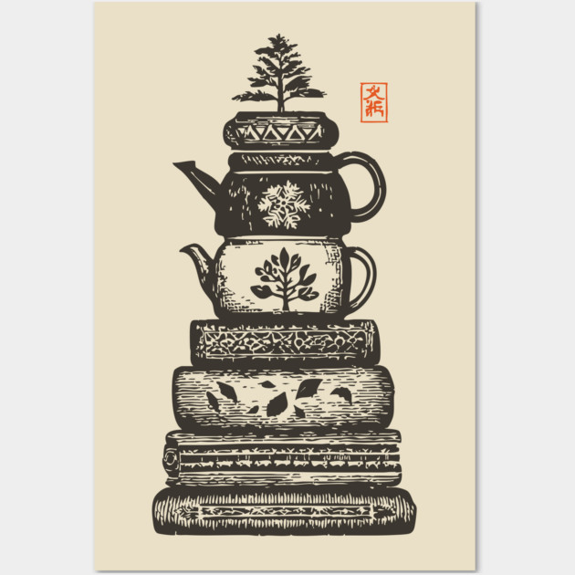 Whimsical Stacked Teapots and Books Zen Illustration Wall Art by TuncGK