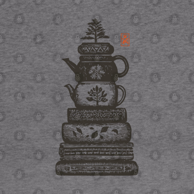 Whimsical Stacked Teapots and Books Zen Illustration by TuncGK