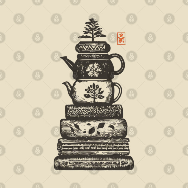 Whimsical Stacked Teapots and Books Zen Illustration by TuncGK