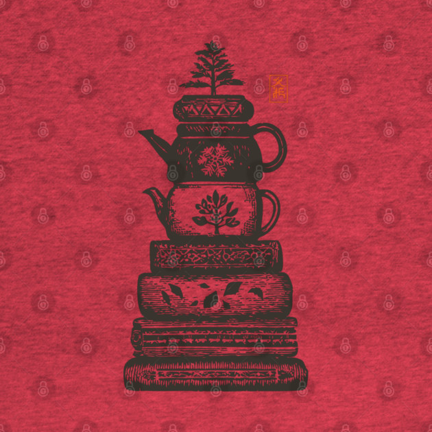 Whimsical Stacked Teapots and Books Zen Illustration by TuncGK