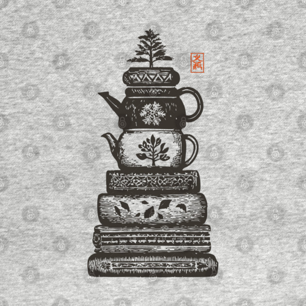 Whimsical Stacked Teapots and Books Zen Illustration by TuncGK