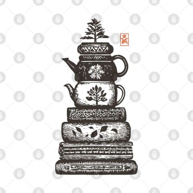 Whimsical Stacked Teapots and Books Zen Illustration by TuncGK