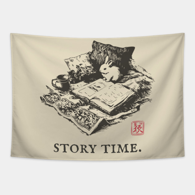 Whimsical Story Time with a Bunny Reading Tapestry by TuncGK