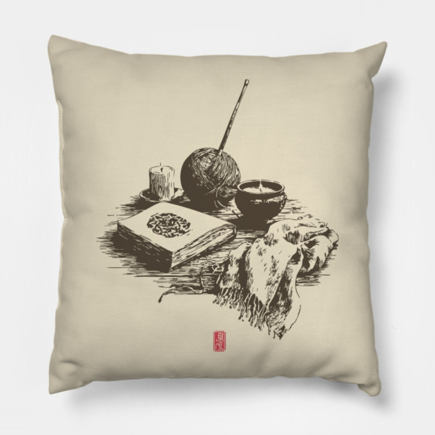 Candlelit Evening of Knitting and Crafting Still Life Pillow by TuncGK