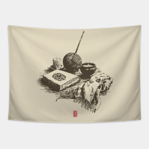 Candlelit Evening of Knitting and Crafting Still Life Tapestry by TuncGK