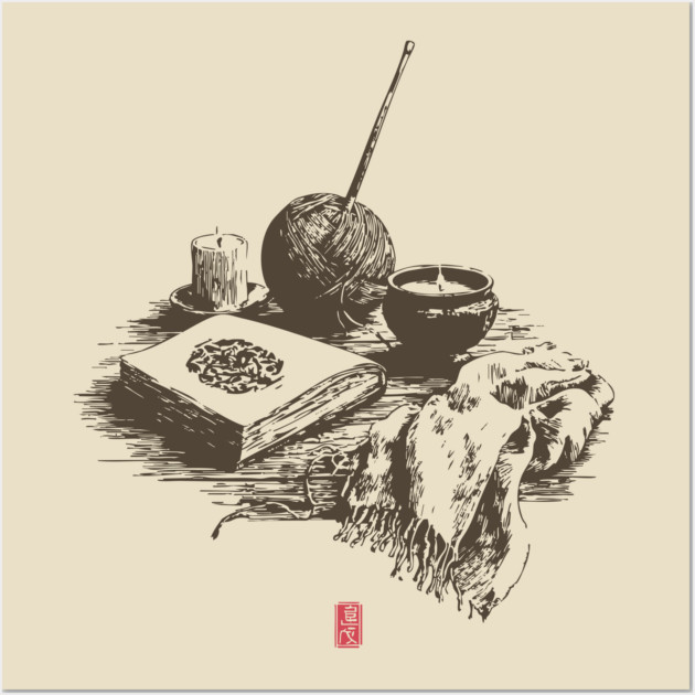 Candlelit Evening of Knitting and Crafting Still Life Wall Art by TuncGK