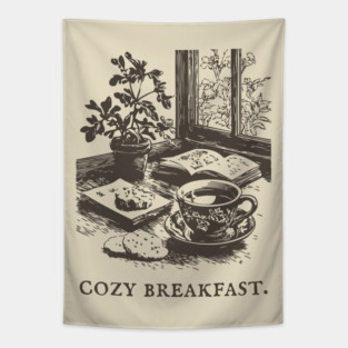 Cozy Breakfast on a Rainy Window Morning Tapestry