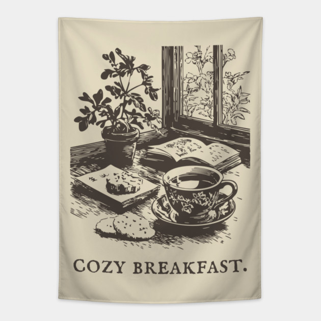 Cozy Breakfast on a Rainy Window Morning Tapestry by TuncGK