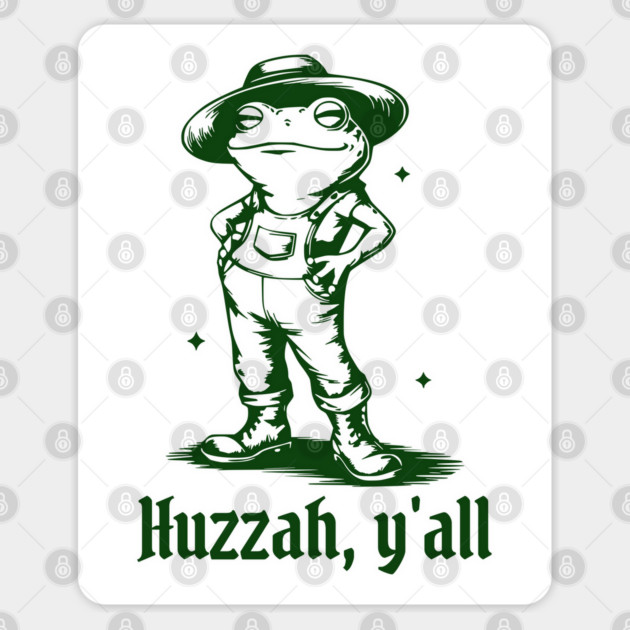 Funny Frog in Overalls Cheering Huzzah, Y'all! Sticker by Luxinda