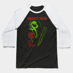 Ghost Face Horror Mask – Neon Green Halloween Slasher Baseball T-Shirt