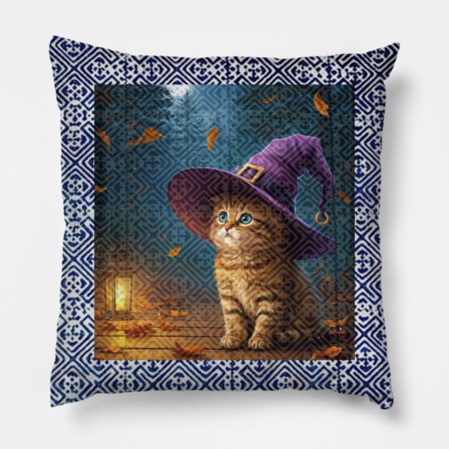 Tribal Whiskers in Moonlit Glow – Halloween Cat with Hmong Spirit Pillow by Pimcolle