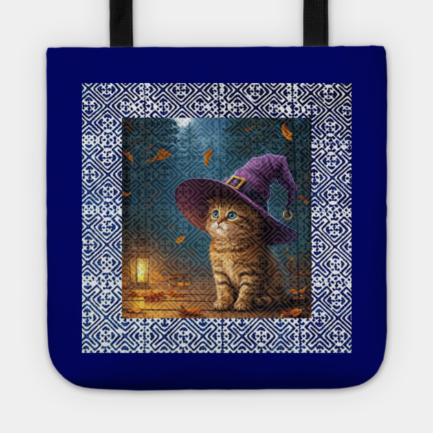 Tribal Whiskers in Moonlit Glow – Halloween Cat with Hmong Spirit Tote by Pimcolle