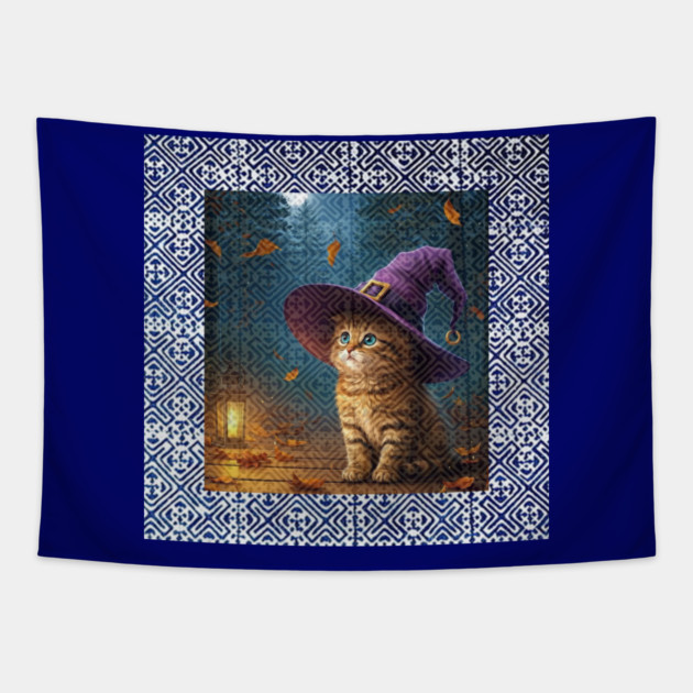 Tribal Whiskers in Moonlit Glow – Halloween Cat with Hmong Spirit Tapestry by Pimcolle