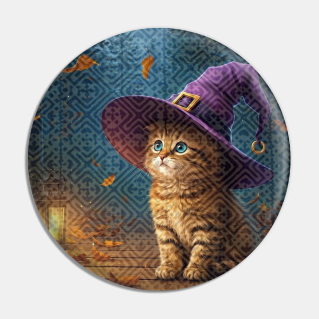 Tribal Whiskers in Moonlit Glow – Halloween Cat with Hmong Spirit Pin by Pimcolle