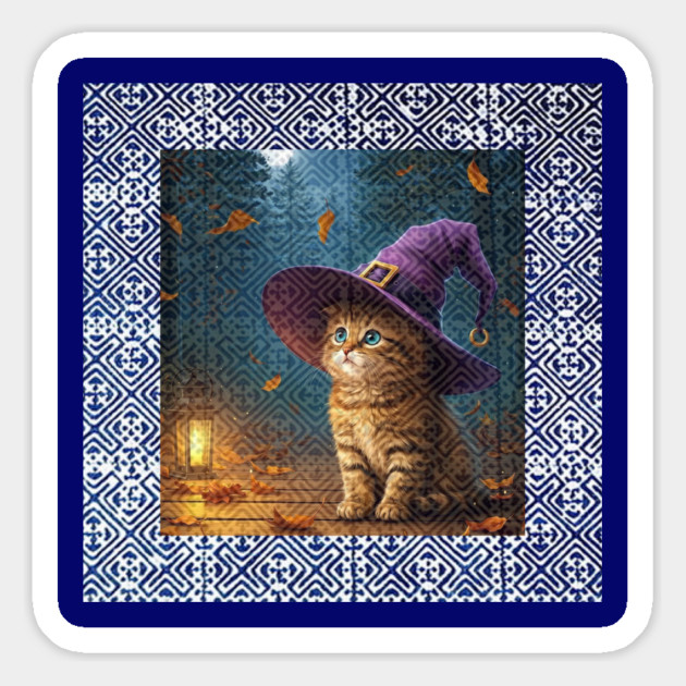 Tribal Whiskers in Moonlit Glow – Halloween Cat with Hmong Spirit Magnet by Pimcolle