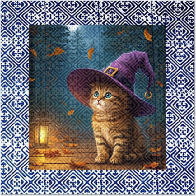 Tribal Whiskers in Moonlit Glow – Halloween Cat with Hmong Spirit Wall Art by Pimcolle