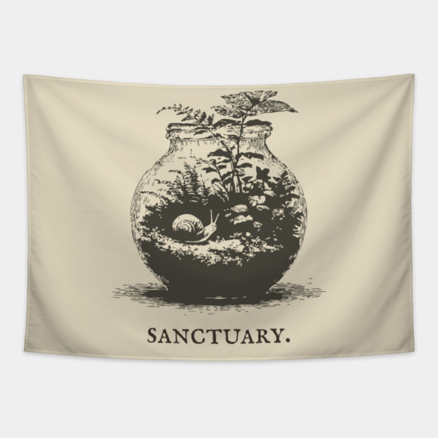 Cozy Terrarium Sanctuary with Snail Illustration Tapestry by TuncGK