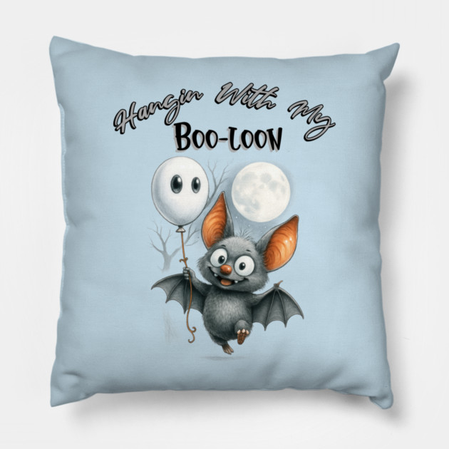 Cute Halloween Bat with Boo Balloon – Spooky Fun Design Pillow by Kathy Hawke