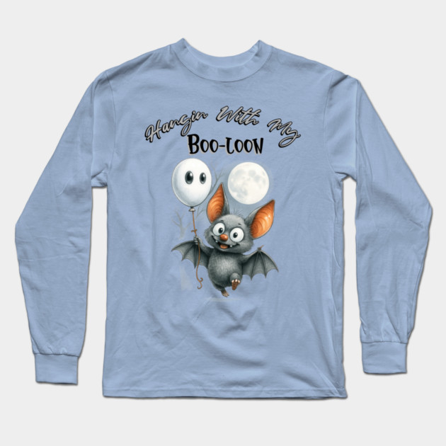 Cute Halloween Bat with Boo Balloon – Spooky Fun Design Long Sleeve T-Shirt by Kathy Hawke