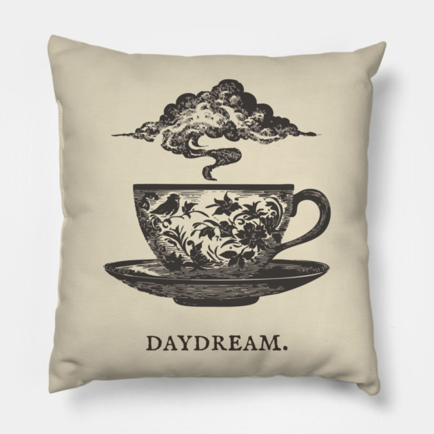 Surreal Teacup with Cloud Vintage Illustration Pillow by TuncGK