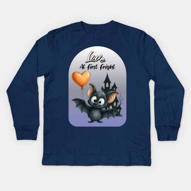 Love at First Fright Bat – Cute Halloween Balloon Design Kids Long Sleeve T-Shirt by Kathy Hawke