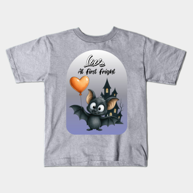 Love at First Fright Bat – Cute Halloween Balloon Design Kids T-Shirt by Kathy Hawke