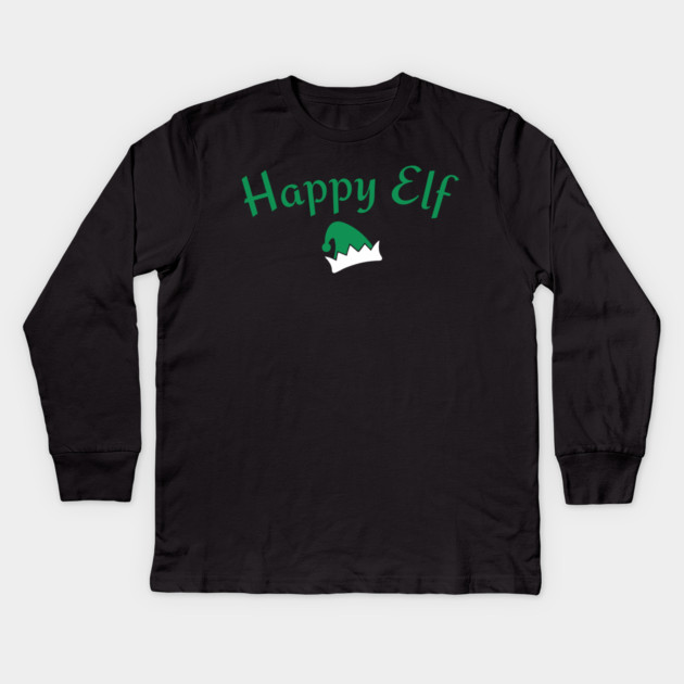 Happy Elf — Retro Christmas Text with Elf Hat Kids Long Sleeve T-Shirt by DonWillisJrArt