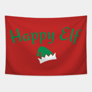 Happy Elf — Retro Christmas Text with Elf Hat Tapestry