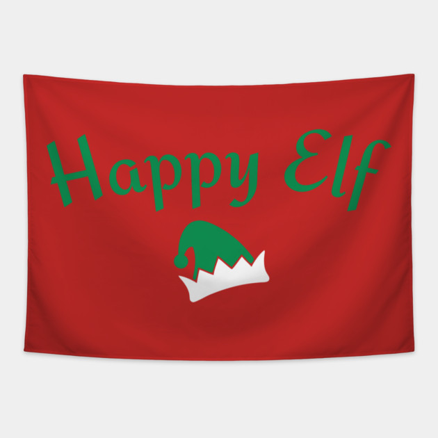 Happy Elf — Retro Christmas Text with Elf Hat Tapestry by DonWillisJrArt