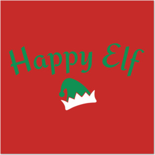 Happy Elf — Retro Christmas Text with Elf Hat Posters and Art
