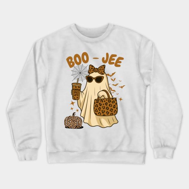 Coquette Leopard Print Boo Jee Ghost Halloween Crewneck Sweatshirt by The WYLD Tribe