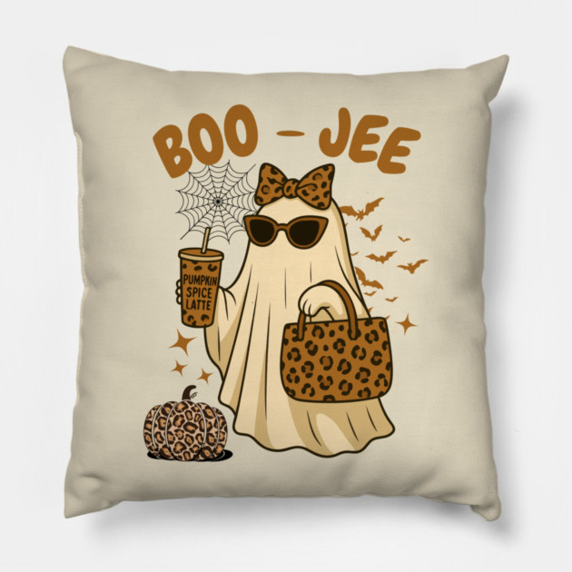 Coquette Leopard Print Boo Jee Ghost Halloween Pillow by The WYLD Tribe