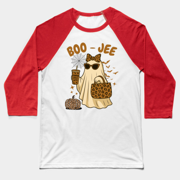Coquette Leopard Print Boo Jee Ghost Halloween Baseball T-Shirt by The WYLD Tribe