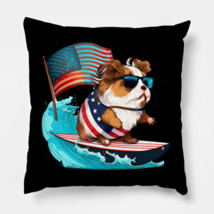 Guinea Pig Surfer Surfing American Flag Pillow