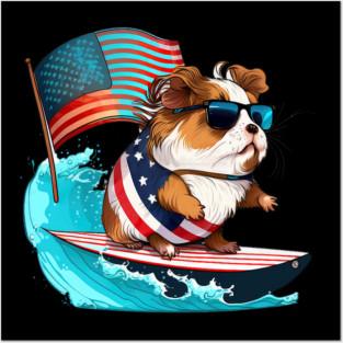Guinea Pig Surfer Surfing American Flag Posters and Art