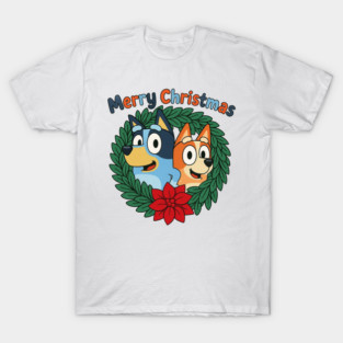 Merry Christmas Bluey and Bingo Wreath Cute Holiday Cartoon T-Shirt
