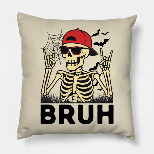 Bruh Rock On Skeleton Halloween Pillow by The WYLD Tribe