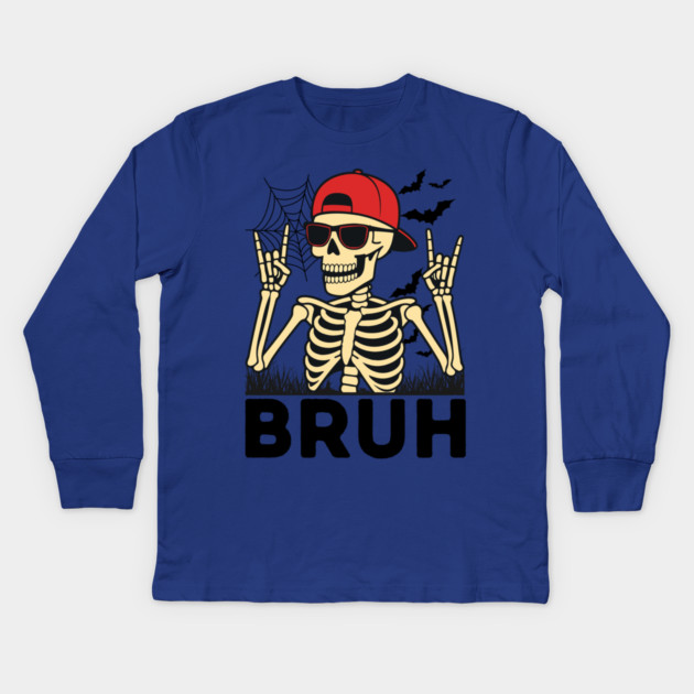 Bruh Rock On Skeleton Halloween Kids Long Sleeve T-Shirt by The WYLD Tribe
