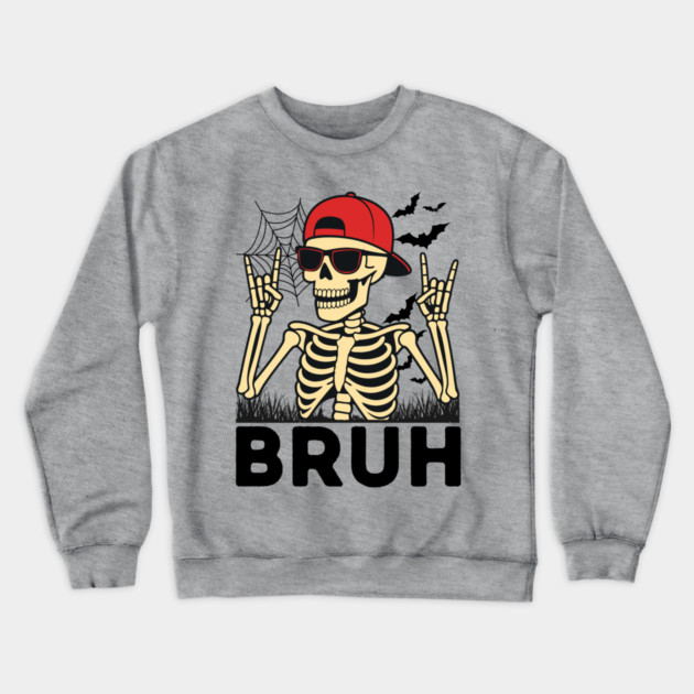 Bruh Rock On Skeleton Halloween Crewneck Sweatshirt by The WYLD Tribe