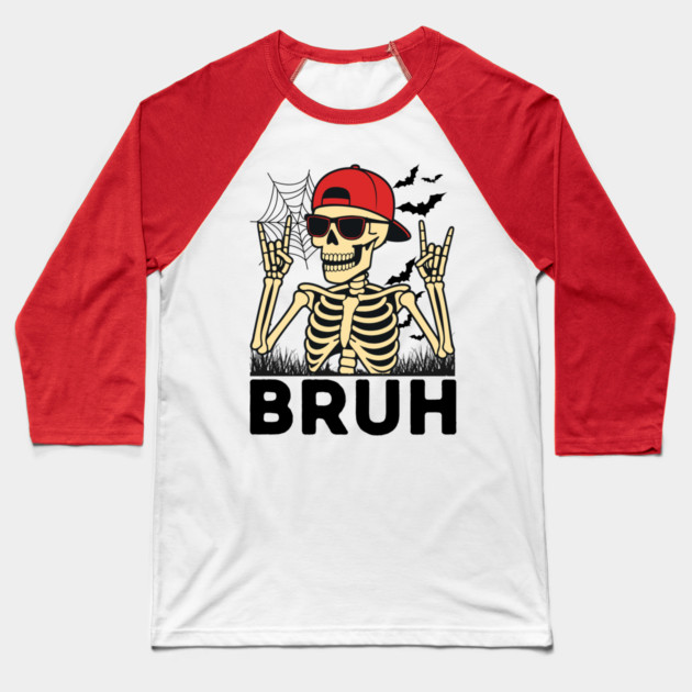Bruh Rock On Skeleton Halloween Baseball T-Shirt by The WYLD Tribe