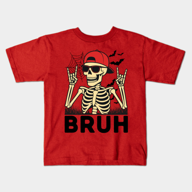 Bruh Rock On Skeleton Halloween Kids T-Shirt by The WYLD Tribe